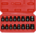Low Profile 3/8 Inch Drive Impact Hex Socket Set, 16 Pc, SAE and Metric Hex Bits 1/4 to 3/4 Inch and 6mm to 19mm in red case