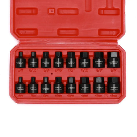 Low Profile 3/8 Inch Drive Impact Hex Socket Set, 16 Pc, SAE and Metric Hex Bits 1/4 to 3/4 Inch and 6mm to 19mm in red case