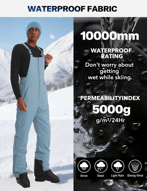 Insulated Waterproof Ski Bib Overalls For Men, Bomber Snowboarding Pants With Warm Thick Liner, Haze Blue, Large on snowy mountain