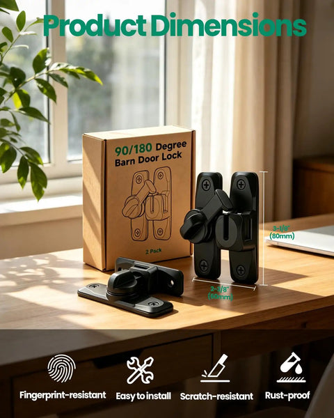 90/180 Degree Barn Door Lock and Latche, Black zinc-alloy latch, product dimensions on a table with packaging.