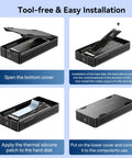 Premium M2 NVMe SSD Enclosure With Built In Cooling Fan Thunderbolt 5 4 3 And USB4 Compatible showing tool-free installation steps.