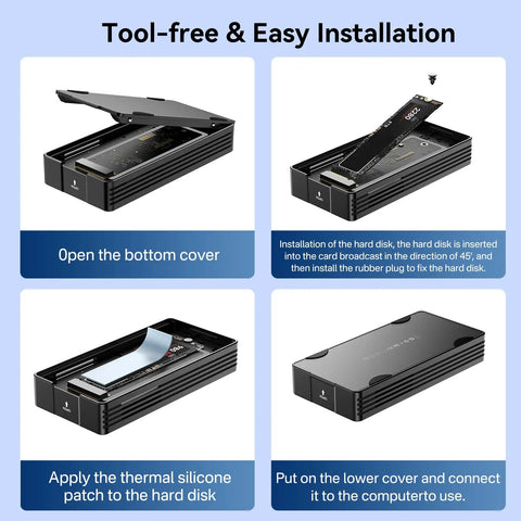 Premium M2 NVMe SSD Enclosure With Built In Cooling Fan Thunderbolt 5 4 3 And USB4 Compatible showing tool-free installation steps.