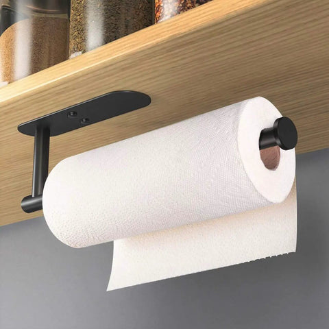 Under Cabinet Paper Towel Holder Wall Mount With Adhesive Or Drill Install, 12.5 Inch Stainless Steel Black Finish, Rustproof Kitchen Towel Rack