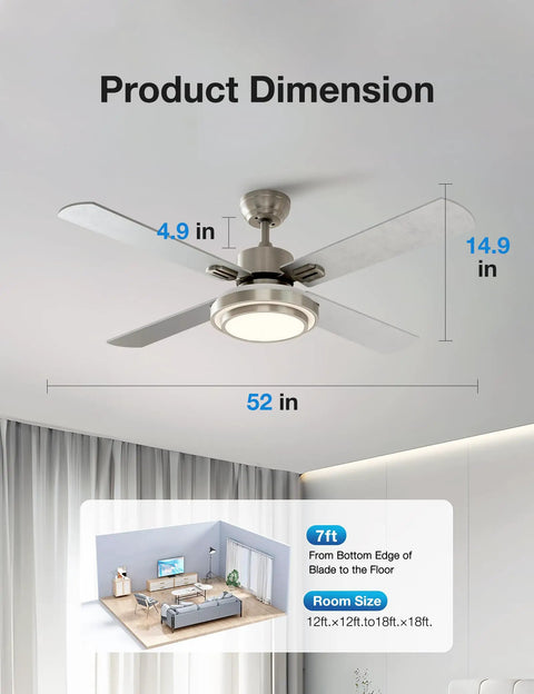 52 Inch Ceiling Fan With Lights Remote Control And Dimmable LED Four Blade Brushed Nickel Motor Easy Install Color Temperature From Cool White To Warm White And Natural Light That Vibe For Living Rooms And Bedrooms, shown in room dimensions.