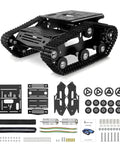 Shock Absorbing Tank Robot Chassis With Motor For Raspberry Pi And Arduino Dope Full Metal Track Platform With Encoder Motor DIY Smart Robot Car Kit Compatible With Jetson Nano And Other Makers Black, showing metal components, tracks, and assembly parts.