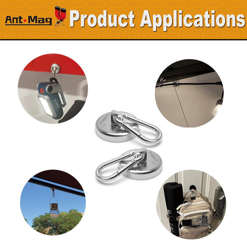 Heavy Duty Magnetic Carabiner Hooks With Neodymium Magnet, 80 Lbs Hold, shown hanging various items indoors and outdoors