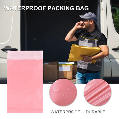 Pink Waterproof Self Sealing Mailing Bags Made From Sturdy PE Plastic Reusable Envelopes For Packing And Shipping Your Go To Bags For T Shirts Jeans Snacks And More 200 Pack displayed in front of a delivery van.