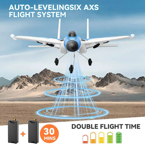 Epic RC Plane for Adults and Kids, Easy to Fly Fighter Jet with 2.4GHz Remote, displayed over mountains highlighting gyro stabilizer.