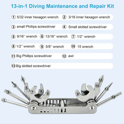 Image of 13-in-1 tool from Save A Dive Scuba Maintenance Kit With 60 O Rings, Multi Tool, Spare Parts And Waterproof Case For No Hassle Gear Fixes.