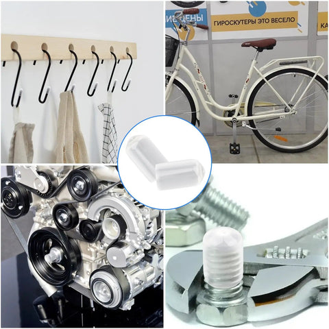 Collage of uses for 60Pcs Rubber End Caps Set for Bolts and Screws, Flexible Vinyl Thread Protectors, with clear cap detail.