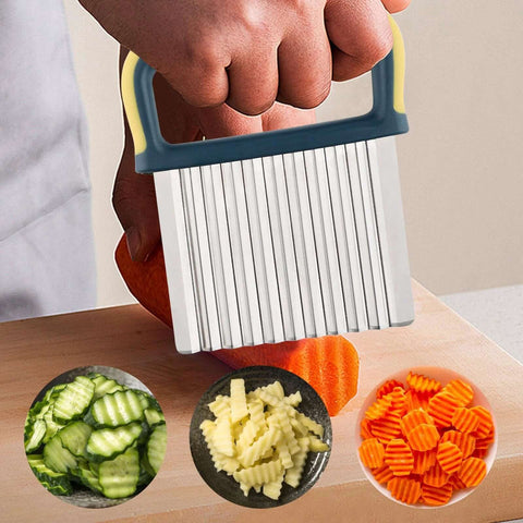Stainless steel crinkle cutter with blue and yellow handle; veggie slicer for carrots, cucumbers, and potatoes