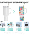 8 Pack 40 Oz Sublimation Tumbler With Handle Straw And Lid White Double Wall Stainless Steel Cups For Heat Press And Sublimation Oven Printing Leakproof Design Great For Custom Designs, image showing plain and floral designed tumblers with heat press machines and oven