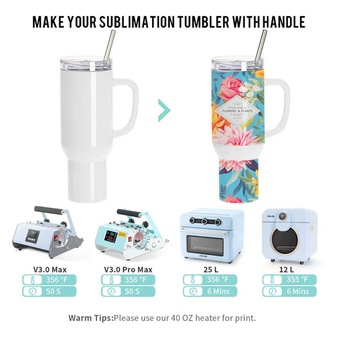 8 Pack 40 Oz Sublimation Tumbler With Handle Straw And Lid White Double Wall Stainless Steel Cups For Heat Press And Sublimation Oven Printing Leakproof Design Great For Custom Designs, image showing plain and floral designed tumblers with heat press machines and oven