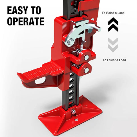 Close-up of Big Red 48 Inch Ratcheting Off Road Farm Jack With Heavy Duty 3 Ton 6000 Lb Load Capacity showing easy operation mechanism.