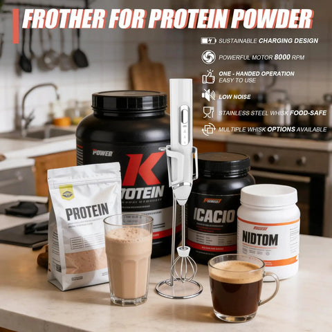 4 In 1 Protein Powder Mixer Wand With Scoop Funnel Set Waterproof Detachable Rechargeable For Coffee Matcha Milk And Other Drinks Your Daily Go To Tool For Fast Smooth Shakes shown on a kitchen counter with protein containers and drinks.