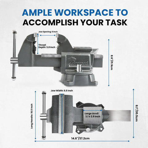 Six And A Half Inch Beefy Bench Vise Heavy Duty With Anvil And 210 Degree Swivel Base Built To Last In Ductile Iron For Maximum Grip And Smooth Easy Clamping On Wood And Metal Projects