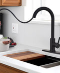 HOMELODY LED Temperature Display Black Kitchen Faucet with Pull Down Sprayer - Matte Black in modern kitchen setup.