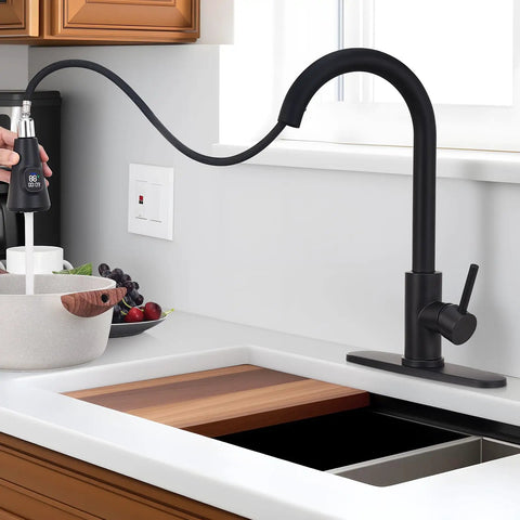 HOMELODY LED Temperature Display Black Kitchen Faucet with Pull Down Sprayer - Matte Black in modern kitchen setup.