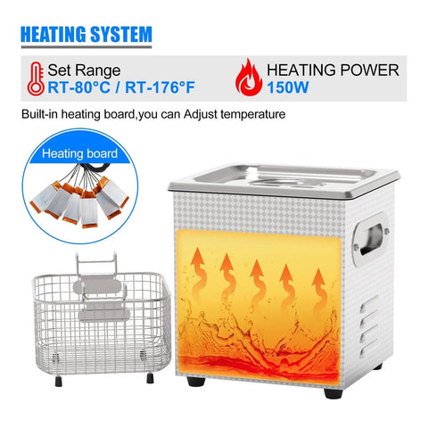 Heavy Duty 150W Ultrasonic Cleaner Machine With Digital Timer And Heater showing heating system and adjustable temperature.
