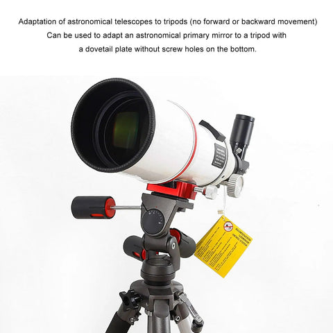 Dovetail Saddle Clamp Mount Base For Telescopes And Cameras With Dual Locking Knobs on a white telescope with tripod setup