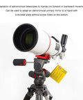 Aluminum Dovetail Clamp Saddle Mount for Telescopes and Cameras on tripod, shown in use, heavy duty, dual connection.