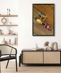 Golden Harvest Field Scene Black Framed Canvas Wall Art Featuring A Farm Harvester And Combine In A Lush Cornfield, 12x16"