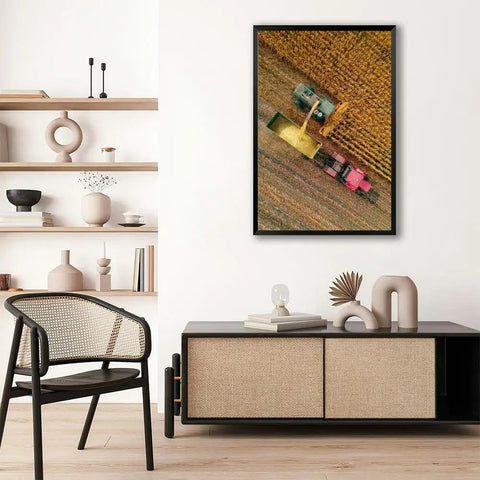 Golden Harvest Cornfield Wall Art With Black Frame Canvas Print Of A Harvesting Combine In Action Dope Farmhouse Vibes For Bedroom Living Room Kitchen Bathroom 8x12 Inches on wall