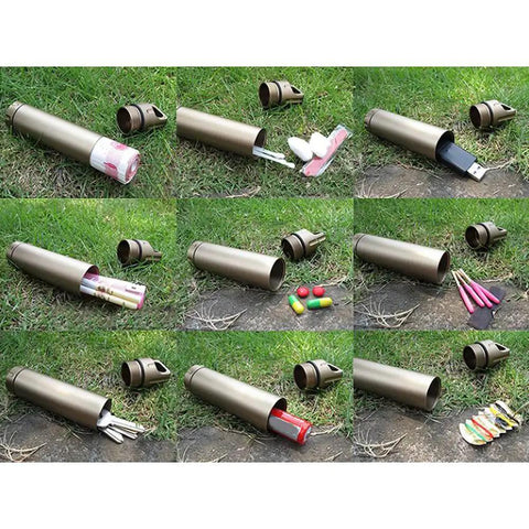 Portable Survival Waterproof Pill Container for Outdoor EDC Gear, CNC Machined Aluminum, showing storage for pills, USB drives, cash, matches.