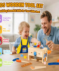 Child and adult playing with 39 Piece Kids Tool Set With Apron, Wooden Toddler Tool Bench Includes Hammer And More, STEM toy.