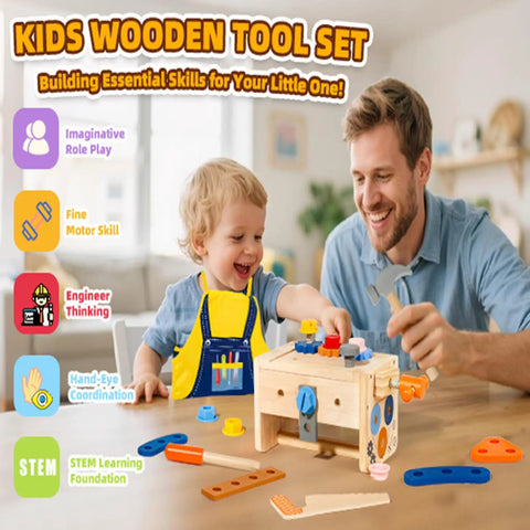 Child and adult playing with 39 Piece Kids Tool Set With Apron, Wooden Toddler Tool Bench Includes Hammer And More, STEM toy.