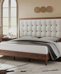 Top Shelf King Bed Frame Crafted From Solid Hardwood With A Fifty Inch Tall Tufted Linen Headboard And Rich Walnut Finish staged in a cozy bedroom.