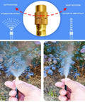 Drip Irrigation Kit With 100Ft Tubing, showing atomizing effect and water column effect from copper nozzles.