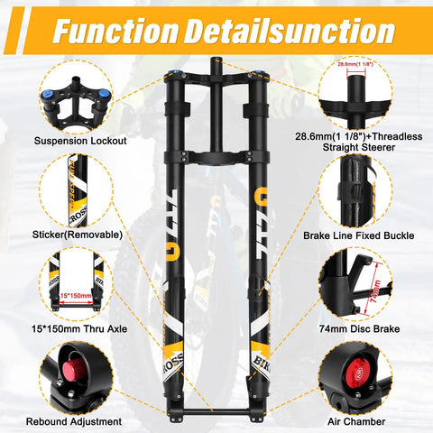 20 Inch Fat Tire Mountain Bike Fork with beefed up inverted air suspension, detailed view of components, 15x150mm thru axle