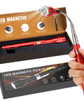 Magnetic Flashlight Pickup Tool With LED Telescoping Magnet Gadget in red box and hand holding tool