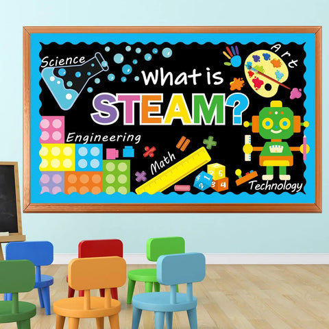 Back To School Bulletin Board Decorations Set For Classrooms Includes 16 Borders 5 Adhesive Dots And STEAM Cutouts displayed