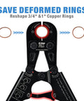 Close-up of All In One PEX Crimp Tool Kit With Quick Change Jaws reshaping 3/4 and 1-inch copper rings for home plumbing.