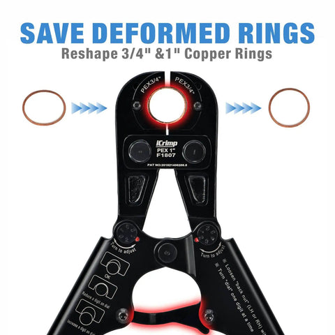 Close-up of All In One PEX Crimp Tool Kit With Quick Change Jaws reshaping 3/4 and 1-inch copper rings for home plumbing.