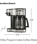 2 Way Programmable Coffee Maker With Single Serve And 12 Cup Glass Carafe Black With Stainless Steel Accents, front view, dimensions shown