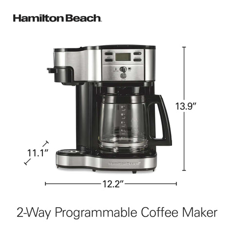 2 Way Programmable Coffee Maker With Single Serve And 12 Cup Glass Carafe Black With Stainless Steel Accents, front view, dimensions shown