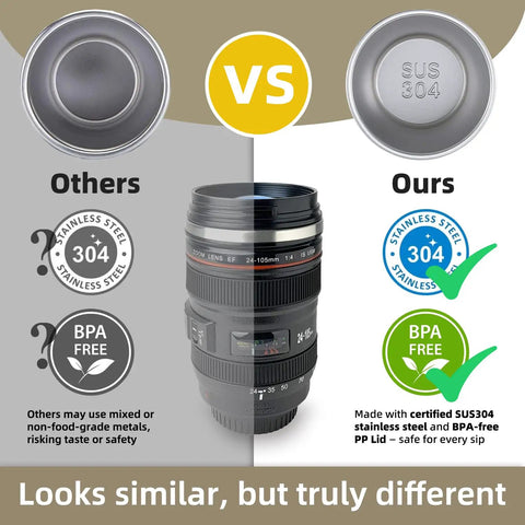 Comparison chart of Camera Lens Coffee Mug With Clear Lid And Spoon, Lightweight Lens Cup Replica For Photographers showcasing materials used.