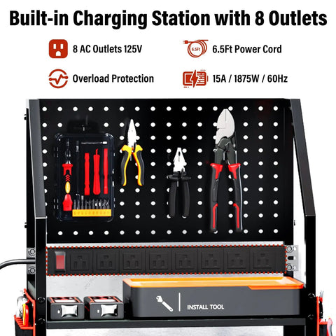 All In One Power Tool Organizer Cart With Charging Station And Wheels For Garage Ready Heavy Duty Tool Storage With Pegboard Hooks 24 Large Drill Racks And 8 Outlets For Easy Charging And On The Go Mobility showing pegboard hooks, tools, and 8 outlets on cart.