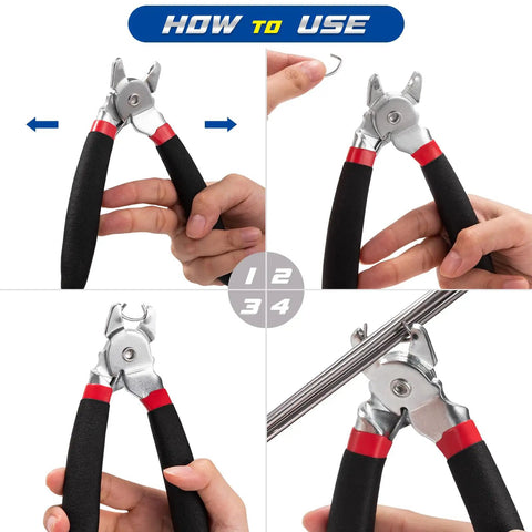 Instructions for using Angled Hog Ring Pliers Kit With 360 Pcs Hog Rings In 3/4 1/2 And 3/8 Inch Galvanized Steel Spring Loaded A3.