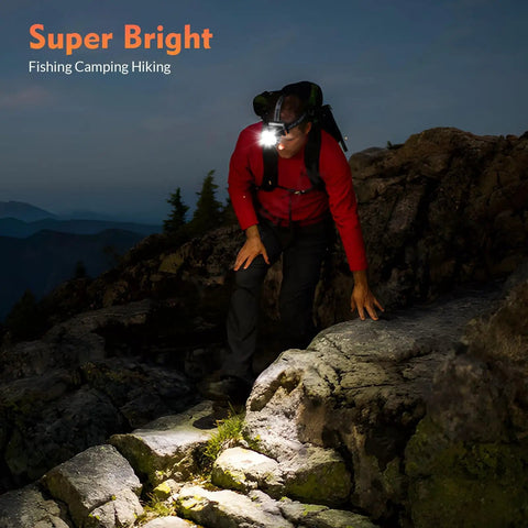 Ultra Bright Rechargeable Headlamp With Dual Modes LED Spotlight for Camping Fishing Hiking and Outdoor Adventures on rocky trail