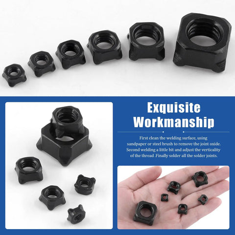 Badass Square Weld Nut Assortment 107 Pieces Covers M4 Through M14 Black Coarse Thread Carbon Steel Tools For Heavy Duty Garage Jobs And Shadetree Builders displayed in various sizes.