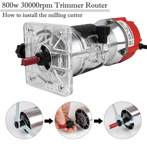 Compact Palm Wood Router Kit 110V 800W Electric Hand Trimmer with milling cutter installation and clear base shown in detail.