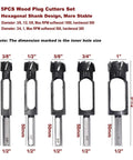 Heavy Duty Woodworking Tenon And Dowel Plug Cutters With Secure Hex Handle making clean three eighths half five eighths quarter and full inch holes, 5-piece set.
