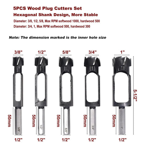 Heavy Duty Woodworking Tenon And Dowel Plug Cutters With Secure Hex Handle making clean three eighths half five eighths quarter and full inch holes, 5-piece set.