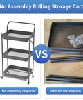 No Tools Needed Foldable Rolling Cart With Three Tiers In Black Metal Finish, Easy Unfold And Lock Setup vs traditional assembly parts
