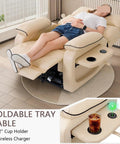 This Dual Motor Electric Lift Chair For Seniors Boasts Infinite Position Reclining With A Lay Flat Design, Premium Leather Upholstery, Lumbar Heating, Full Body Massage, USB C Ports, And A Foldable Tray Table For Maximum Chill Vibes featuring a foldable tray table with cup holder and wireless charger.
