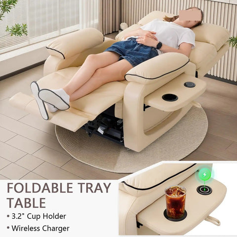 This Dual Motor Electric Lift Chair For Seniors Boasts Infinite Position Reclining With A Lay Flat Design, Premium Leather Upholstery, Lumbar Heating, Full Body Massage, USB C Ports, And A Foldable Tray Table For Maximum Chill Vibes featuring a foldable tray table with cup holder and wireless charger.